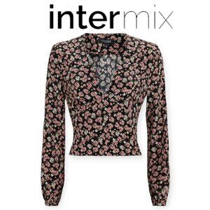 INTERMIX 100% Silk Black Floral V-Neck Blouse Petite Small Long Sleeve Bow Back